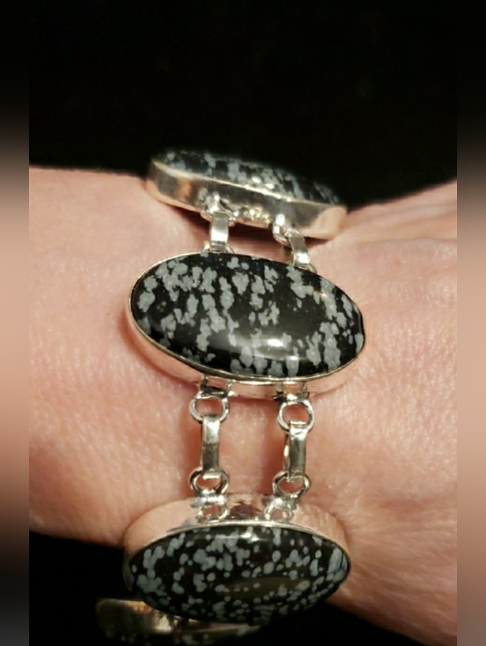 NEW Natural Gemstone Snowflake Obsidion Sterling Stamped Bracelet, Unisex 7-8" L